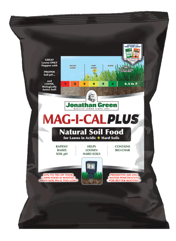 A bag of Mag-I-Cal® for Lawns in Acidic Soil, natural soil food for lawns in acidic and hard soils.
