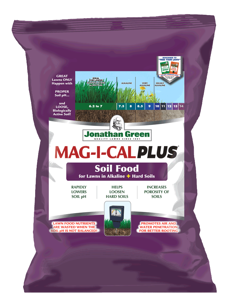 A bag of Jonathan Green Mag-I-Cal® Plus for Lawns in Alkaline & Hard Soil.