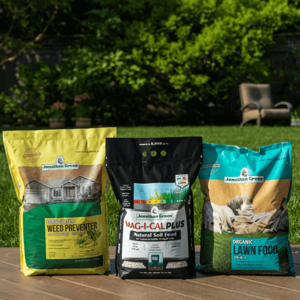 Four bags of the Natural Annual Lawn Care Program for Acidic Soil displayed on grass with a residential backdrop.