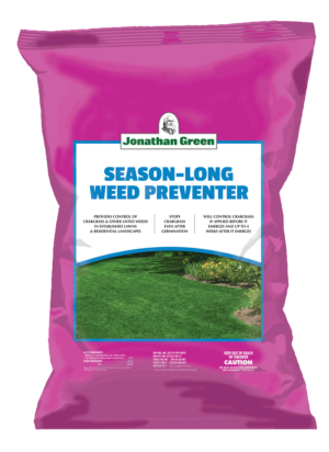 A bag of Jonathan Green brand Season-Long Weed Preventer for lawns, without fertilizer.