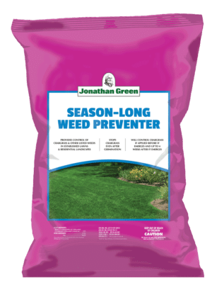 A bag of Jonathan Green brand Season-Long Weed Preventer for lawns, without fertilizer.