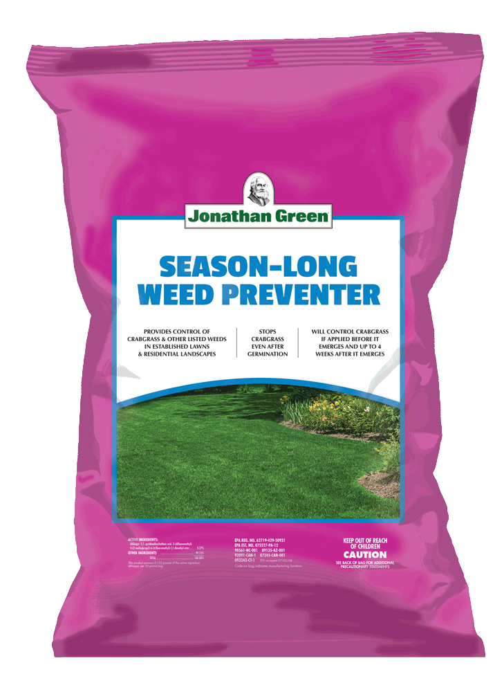A bag of Jonathan Green brand Season-Long Weed Preventer for lawns, without fertilizer.