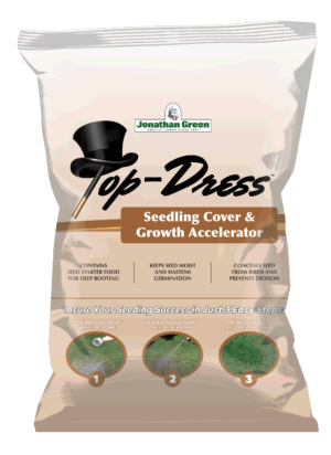 A bag of Top Dress™ Seedling Cover and Growth Accelerator designed to help seed germination and growth, featuring a three-step process for successful seeding.