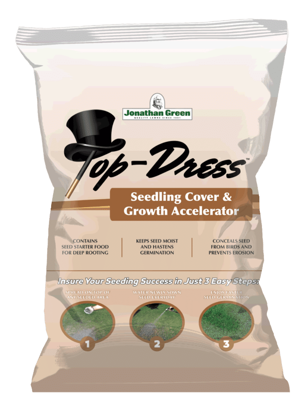 A bag of Top Dress™ Seedling Cover and Growth Accelerator designed to help seed germination and growth, featuring a three-step process for successful seeding.