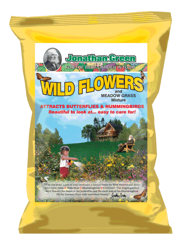 Bag of Wildflower and Meadow Grass Mix for gardens, featuring images of flowers, butterflies, and people enjoying a blooming meadow.